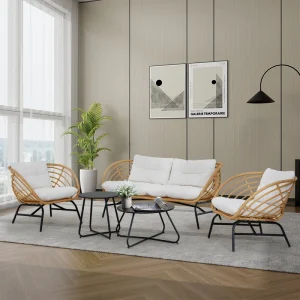 5-Piece Boho Outdoor Furniture Set, Wicker Sofa Set with Beige Thick Cushions and 2 Coffee Tables, Conversation Set