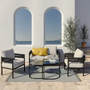 5-Piece Outdoor Furniture Set with Thick Cushions and Coffee Table, Wicker Sofa Conversation Set for Backyard