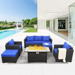 Outdoor Patio Furniture 60000 BTU Outdoor Propane Fire Pit Table Set 45" Outdoor Fire Pits 6 Pieces Patio Sofa, Royal Blue