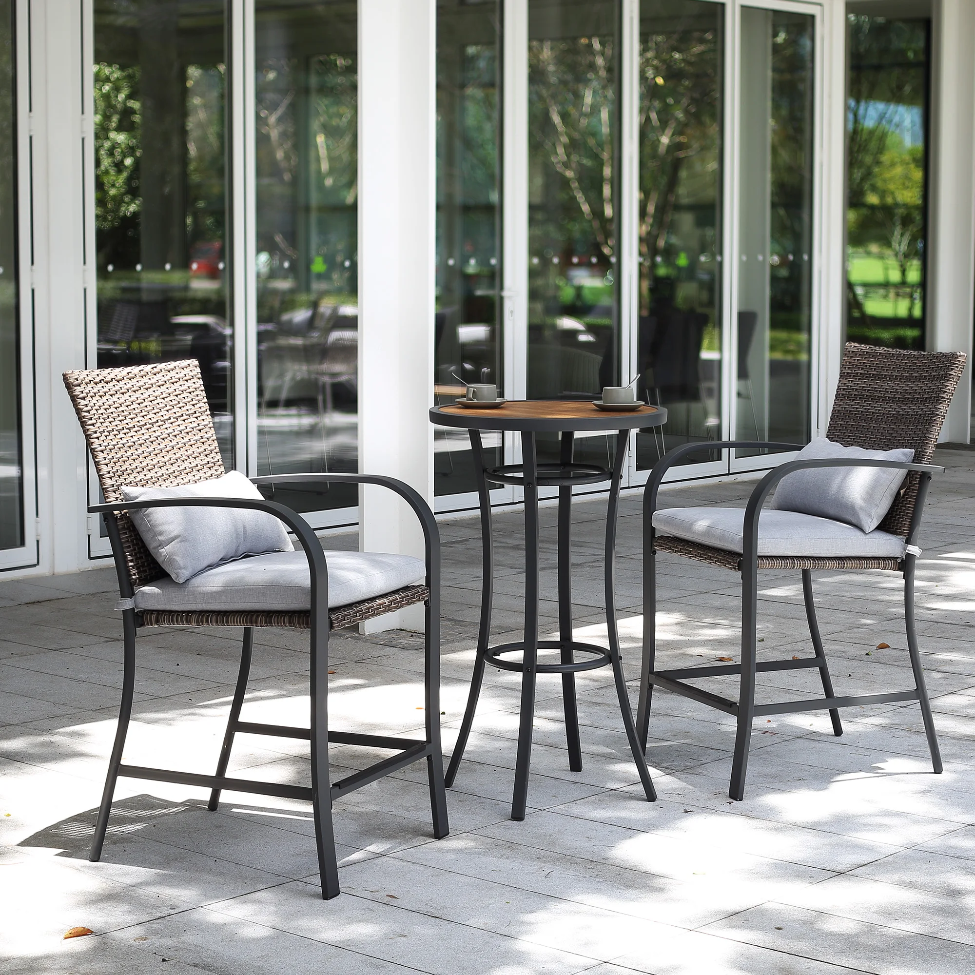 NAGA BAHNA 3pcs Patio Bar Set with Soft Cushion, Rattan Wicker Outdoor Furniture Set for Backyards, Lawn, Deck, Poolside - Image 2