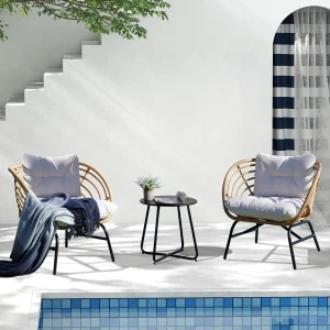 3-Piece Outdoor Furniture Set - Wicker Sofa with Thick Beige Cushions, Patio Coffee Table, Perfect for Porch, Backyard, Balcony