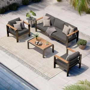 Aluminum Outdoor Patio Furniture Set with Coffee Table, 4 Piece Patio Conversation Sets with Washable Thick Cushions
