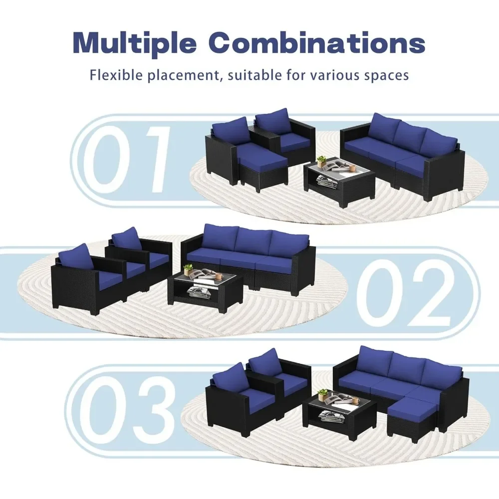 7 Piece Outdoor Patio Furniture Set, Outdoor Sectional Furniture, Rattan Chairs Glass Table Wicker Conversation Seating Sectiona - Image 4