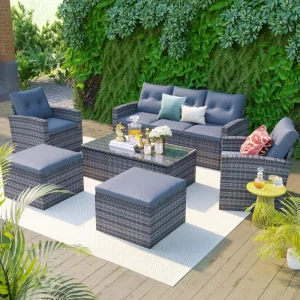 6-Piece Outdoor Conversation Sectional Set, All-Weather Rattan Patio Sectional Sofa Set with Coffee Table, Patio Furniture Sets