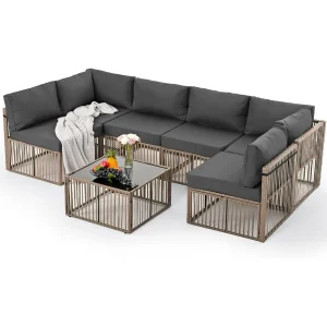 7 Pieces Outdoor Sectional Set, All-Weather PE Rattan Patio Conversation Set, Wicker Adjustable Patio Furniture Set Gray Cushion