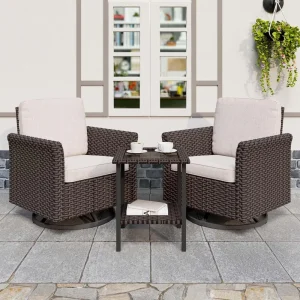 3 Pieces Patio Furniture Set, 2 High Back Rattan Swivel Chairs with Side Table, Outdoor PE Wicker Furniture Set, All Weather Pat