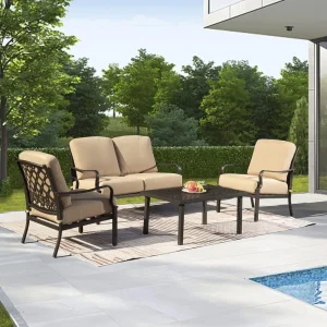 Domi Patio Conversation Set 4 Pieces, Metal Outdoor Patio Furniture with Coffee Table, All-Weather Modern Deep Seating Sofa Set