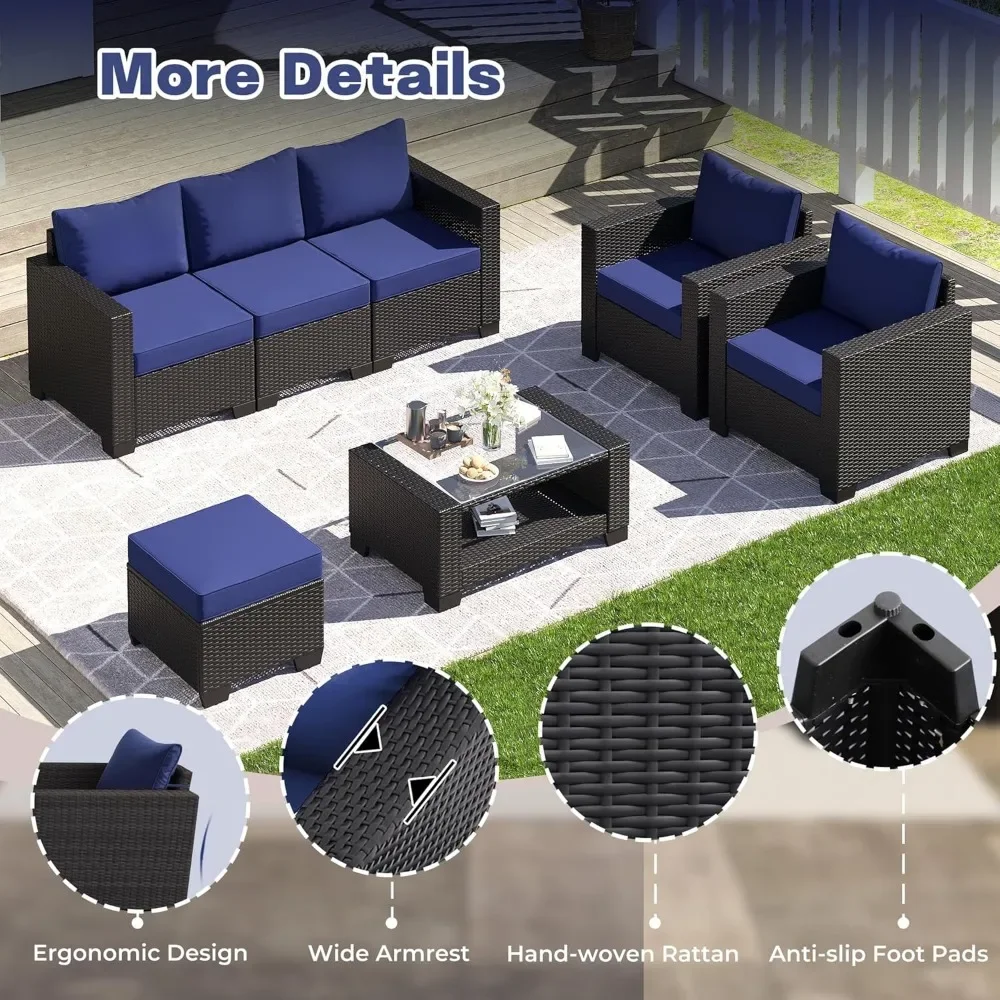 7 Piece Outdoor Patio Furniture Set, Outdoor Sectional Furniture, Rattan Chairs Glass Table Wicker Conversation Seating Sectiona - Image 5