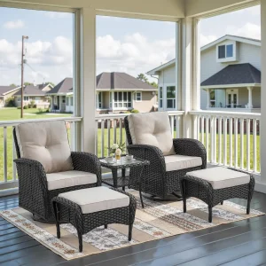 5 Piece Swivel Rocker Glider Outdoor Chairs Set of 2 with Ottoman and Glass Side Table Patio Bistro Furniture Set, Comfort High
