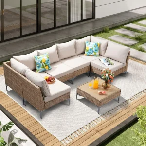 Wicker Patio Furniture Set,Outdoor Conversation Sectional Sofa w/Coffee Table,All-Weather Outdoor Sofa with Thick