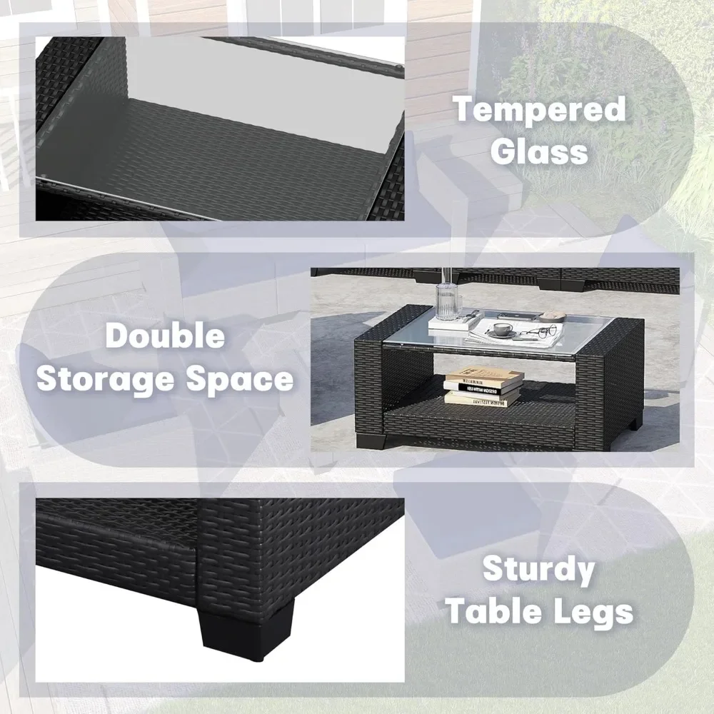 7 Piece Outdoor Patio Furniture Set, Outdoor Sectional Furniture, Rattan Chairs Glass Table Wicker Conversation Seating Sectiona - Image 6