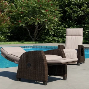 Outdoor Recliner with Independent Adjustable Back and Footrest, Air Pump 150° Lay Flat Chair With Olefin Cushion Flip-Up Table